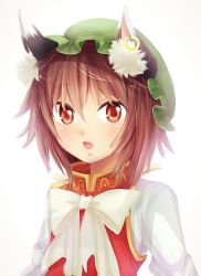 Rule 34 | 1girl, animal ears, bow, brown eyes, brown hair, cat ears, cat tail, chen, dress, ear piercing, earrings, hat, ibaraki natou, jewelry, looking at viewer, mob cap, multiple tails, nekomata, open mouth, piercing, red dress, shirt, single earring, solo, tail, touhou, upper body