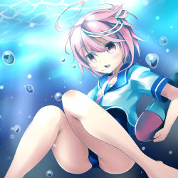 Rule 34 | 10s, 1girl, bubble, hair ornament, i-58 (kancolle), janne cherry, kantai collection, open mouth, pink eyes, pink hair, sailor collar, school swimsuit, short hair, solo, swimsuit, swimsuit under clothes, torpedo, type 95 torpedo, underwater