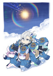 Rule 34 | 1boy, 5girls, arm up, arms up, asymmetrical bangs, black bow, black footwear, blathine (genshin impact), blue coat, blue hair, blue headwear, blue sky, blunt bangs, boots, bow, bright pupils, brown hair, buttons, carrying, chibi, closed eyes, closed mouth, cloud, cloudy sky, coat, commentary request, crossed bangs, expressionless, genshin impact, hair between eyes, hair bow, hair ornament, hat, highres, long hair, long sleeves, low-tied long hair, melusine (genshin impact), menthe (genshin impact), miyakoi (miyakoi 341), multicolored hair, multiple girls, neuvillette (genshin impact), parted bangs, pink eyes, pink hair, pocket, pointing, purple eyes, short hair, simple background, sky, streaked hair, swept bangs, tail, tristane (genshin impact), veleda (genshin impact), walking, white background, white hair, white pupils