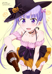 Rule 34 | 10s, 1girl, absurdres, bare shoulders, black bow, black hat, black thighhighs, bow, collarbone, drink, garter belt, halloween, hat, highres, kikuchi ai, long hair, new game!, official art, open mouth, pumpkin hat, purple eyes, purple hair, scan, solo, suzukaze aoba, thighhighs, twintails, witch hat