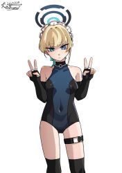 Rule 34 | 1girl, bare shoulders, black gloves, black leotard, black thighhighs, blonde hair, blue archive, blue eyes, blue leotard, breasts, closed mouth, covered navel, double v, elbow gloves, female focus, fingerless gloves, gloves, guman project, halo, highres, leotard, looking at viewer, maid headdress, simple background, small breasts, solo, standing, thigh strap, thighhighs, toki (blue archive), two-tone leotard, v, white background