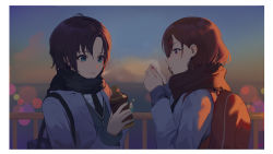 Rule 34 | 2girls, ahoge, asakura toru, bad id, bad pixiv id, bag, black necktie, black scarf, blue jacket, blurry, blurry background, blush, bottle, brown hair, brown scarf, ear piercing, green eyes, green nails, green sweater, hair ornament, hairclip, half-closed eyes, highres, higuchi madoka, holding, holding bottle, idolmaster, idolmaster shiny colors, jacket, long sleeves, looking at another, mole, mole under eye, multiple girls, nail polish, necktie, noctchill (idolmaster), open clothes, open jacket, open mouth, outdoors, own hands together, parted bangs, parted lips, piercing, pink nails, purple eyes, purple hair, railing, scarf, school uniform, shirt, short hair, spung, standing, steam, sunset, sweater, swept bangs, upper body, white shirt