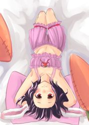 Rule 34 | 1girl, animal ears, arms behind head, arms up, bad id, bad pixiv id, black hair, bloomers, blush, bra, rabbit ears, from above, hairline, inaba tewi, looking at viewer, lying, mana (gooney), navel, on back, pillow, pink bra, red eyes, solo, touhou, underwear, underwear only, upside-down