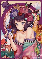Rule 34 | 1girl, animal, bare shoulders, breasts, calligraphy brush, cleavage, closed mouth, commentary request, fate/grand order, fate (series), flower, hair ornament, hakuda tofu, highres, holding, holding paintbrush, japanese clothes, katsushika hokusai (fate), kimono, looking at viewer, medium breasts, octopus, off shoulder, paintbrush, pink kimono, purple eyes, purple hair, red flower, signature, spring (season), tokitarou (fate), twitter username, upper body, v-shaped eyebrows