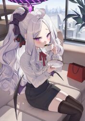 Rule 34 | 1girl, ahoge, black thighhighs, blouse, blue archive, blush, cityscape, couch, cup, demon horns, demon wings, drinking, hair ribbon, hajin, halo, highres, hina (blue archive), horns, long hair, looking at viewer, neck ribbon, pencil skirt, ponytail, purple eyes, ribbon, saucer, shirt, sitting, skindentation, skirt, slit pupils, tea, teacup, thighhighs, tsurime, very long hair, white hair, wings
