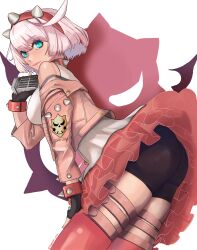 Rule 34 | 1girl, absurdres, ahoge, aqua eyes, ass, bare shoulders, bike shorts, black shorts, blush, boots, breasts, elphelt valentine, fingerless gloves, gloves, guilty gear, guilty gear strive, hapinessova, highres, jacket, leaning, leaning forward, looking at viewer, medium breasts, miniskirt, short hair, short shorts, shorts, sideboob, skirt, smile, solo, thigh boots, thigh strap, thighhighs, white hair