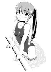 Rule 34 | 1girl, arm support, competition swimsuit, greyscale, long hair, monochrome, one-piece swimsuit, original, ponytail, pool, poolside, ripples, solo, swimsuit, tk4, twintails, wading