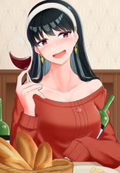 Rule 34 | 1girl, absurdres, alcohol, bare shoulders, basket, black hair, blush, bottle, bread, breasts, collarbone, cup, drinking glass, drunk, earrings, food, gold earrings, hairband, hand up, highres, holding, holding bottle, jewelry, large breasts, long hair, looking to the side, mature female, nakiri hout, off-shoulder sweater, off shoulder, open mouth, red eyes, red sweater, sitting, solo, spy x family, straight hair, sweater, table, upper body, white hairband, wine, wine bottle, wine glass, yor briar