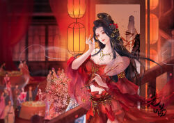 Rule 34 | bare shoulders, black hair, closed mouth, comb, hair bun, hair ornament, hand fan, holding, holding fan, jewelry, lantern, laoming lao miao, long hair, midriff, necklace, original, painting (object), paper fan, party, railing, red theme, smile, smoke, solo focus, table, uchiwa, upper body