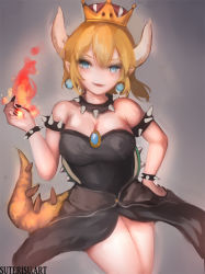 Rule 34 | 1girl, armlet, bad id, bad pixiv id, bare legs, bare shoulders, black nails, blonde hair, blue eyes, bowsette, bracelet, breasts, collar, commentary request, cowboy shot, crown, dress, earrings, fire, gradient background, grey background, hair between eyes, holding, horns, jewelry, large breasts, mario (series), nail polish, new super mario bros. u deluxe, nintendo, pointy ears, ponytail, sidelocks, spiked armlet, spiked bracelet, spiked collar, spiked shell, spiked tail, spikes, strapless, strapless dress, super crown, suterisu, tail, turtle shell