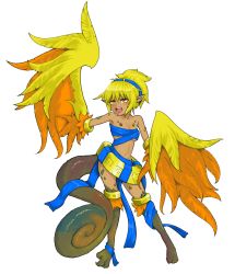 Rule 34 | 1girl, armlet, bare shoulders, bird legs, blonde hair, blue hairband, blue ribbon, blush, breasts, cleavage, commentary, dark-skinned female, dark skin, english commentary, feathered wings, feathers, fusion, hairband, harpy, highres, kenkou cross (style), lizard tail, midriff, monster girl, navel, open mouth, orange eyes, orange feathers, orange wings, original, pointy ears, ribbon, scales, short hair, small breasts, tail, talons, thighlet, transparent background, ttzl, two-tone wings, winged arms, wings, yellow feathers, yellow wings