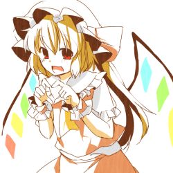 Rule 34 | 1girl, :d, blonde hair, eiri (eirri), female focus, flandre scarlet, hat, heart, heart hands, looking at viewer, open mouth, red eyes, short hair, simple background, smile, solo, touhou, white background, wings, wrist cuffs