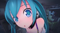 Rule 34 | 1girl, artist request, female focus, foreshortening, green hair, hatsune miku, highres, looking at viewer, redial (vocaloid), screencap, solo, vocaloid