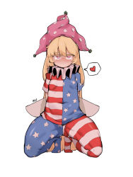 Rule 34 | 1girl, absurdres, american flag dress, american flag legwear, bad id, bad pixiv id, blonde hair, breasts, clownpiece, covered navel, dress, fairy wings, full body, hat, heart, highres, jester cap, long hair, looking at viewer, neck ruff, pantyhose, pink hat, polka dot, short sleeves, simple background, small breasts, solo, soya6479, spoken heart, squatting, star (symbol), star print, striped, touhou, very long hair, white background, wings