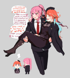 Rule 34 | 2girls, absurdres, anger vein, annoyed, black dress, carrying, chibi, closed eyes, commentary, dress, english commentary, english text, formal, grey background, head bump, highres, hololive, hololive english, jacket, jacket on shoulders, mori calliope, multiple girls, open mouth, orange hair, pink eyes, pink hair, ponytail, princess carry, running, suit, takanashi kiara, torn clothes, torn legwear, vincent wu, virtual youtuber, yuri