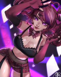 Rule 34 | 1girl, absurdres, ahoge, bat wings, black choker, black shirt, breasts, choker, cleavage, commentary, demon girl, demon horns, elbow gloves, english commentary, facial tattoo, fang, fingerless gloves, garter straps, gloves, hair ornament, head wings, heart, heart ahoge, heart hair ornament, highres, horns, ironmouse, ironmouse (pink rock), large breasts, long hair, multicolored hair, pink hair, purple hair, red gloves, red shorts, ribbon, shirt, short shorts, shorts, star tattoo, strapless, streaked hair, suliavtuber, tattoo, tube top, twintails, virtual youtuber, vshojo, wings
