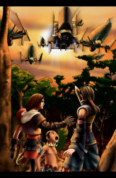 Rule 34 | 1girl, 2boys, aircraft, airship, arc the lad, arc the lad twilight of the spirits, child, demon boy, highres, kharg (arc the lad), letterboxed, long hair, maru, multiple boys, nature, official art, official wallpaper, outdoors, paulette (arc the lad), plant, promotional art, science fiction, ship, sky, wallpaper, watercraft