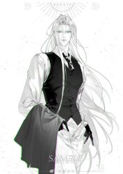 Rule 34 | 1boy, alternate costume, black gloves, black necktie, black vest, buttons, chinese commentary, collared shirt, cuntouxiaoyeju, facing viewer, final fantasy, final fantasy vii, gloves, green eyes, hand in pocket, highres, holding, holding clothes, holding jacket, jacket, long hair, long sleeves, looking at viewer, male focus, necktie, pants, parted bangs, parted lips, partially colored, sample watermark, sephiroth, shirt, simple background, slit pupils, solo, standing, vest, watermark