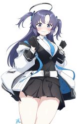 Rule 34 | absurdres, belt, belt pouch, black gloves, black skirt, blue archive, blue necktie, closed mouth, collared shirt, gloves, half gloves, halo, highres, jacket, jacket partially removed, long hair, long sleeves, looking at viewer, makicha (sasurainopink), miniskirt, multicolored clothes, multicolored jacket, necktie, open clothes, open jacket, parted bangs, pleated skirt, pouch, purple eyes, purple hair, shirt, signature, simple background, skirt, two-sided fabric, two-sided jacket, two-tone jacket, two side up, wavy mouth, white background, white belt, white shirt, yuuka (blue archive)