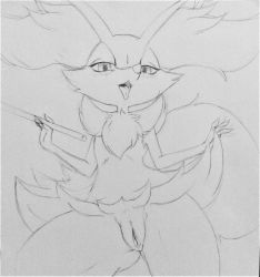 Rule 34 | 1girl, :3, animal ear fluff, animal ears, animal nose, blush, body fur, braixen, creatures (company), eryz, female focus, flat chest, fox ears, fox girl, fox tail, from above, furry, furry female, game freak, gen 6 pokemon, gluteal fold, greyscale, half-closed eyes, hands up, happy, highres, holding, holding stick, light blush, lineart, looking at viewer, lying, monochrome, nintendo, on back, open mouth, pokemon, pokemon (creature), presenting, pussy, simple background, smile, snout, solo, spread legs, stick, tail, thick thighs, thighs, tongue, tongue out, traditional media, uncensored, unfinished, white background