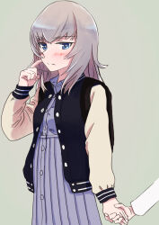 Rule 34 | 1girl, 1other, absurdres, black jacket, blue dress, blue eyes, blush, casual, dress, finger to cheek, girls und panzer, grey background, grey hair, highres, holding hands, itsumi erika, jacket, letterman jacket, long sleeves, medium hair, multicolored clothes, multicolored jacket, oritako, pleated skirt, simple background, skirt, standing, two-tone jacket, white jacket