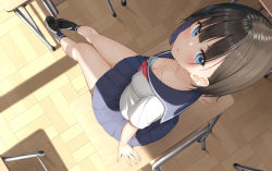 Rule 34 | 1girl, ankle socks, bare legs, black footwear, black hair, black socks, blue bra, blue eyes, blue sailor collar, blue skirt, blush, bra, bra peek, breasts, classroom, cleavage, closed mouth, commentary request, desk, downblouse, from above, full body, highres, indoors, loafers, looking at viewer, looking up, miniskirt, mottsun (i 40y), neckerchief, on table, original, pleated skirt, polka dot, polka dot bra, red neckerchief, sailor collar, school desk, school uniform, serafuku, shirt, shoes, short hair, short sleeves, sitting, skirt, small breasts, socks, solo, table, underwear, white shirt, wooden floor