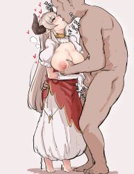 Rule 34 | 1boy, 1girl, absurdres, alicia (granblue fantasy), blush, breasts, breasts out, caressing testicles, clothed female nude male, dark skin, draph, gloved handjob, gloves, granblue fantasy, handjob, height difference, hetero, highres, horns, kiss, large breasts, long hair, nipples, nude, penis, platinum blonde hair, pointy ears, shimadouma, shortstack, size difference, testicles, very long hair