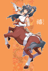 Rule 34 | 10s, 1girl, 2014, animal ears, arrow (projectile), black hair, centaur, clenched hand, closed mouth, eyebrows, floral background, full body, gloves, hamaya, holding, horse ears, japanese clothes, long hair, maruto!, monster girl, new year, orange background, original, outline, ponytail, red eyes, shirt, sleeveless, sleeveless shirt, smile, solo, taur, very long hair, white gloves, white shirt