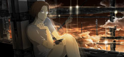 Rule 34 | 1girl, 71, ashtray, brown eyes, brown hair, cigarette, cloud, glasses, lens flare, original, reflection, science fiction, sitting, sky, smoking, solo, sunset, twilight