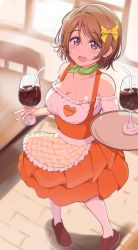 Rule 34 | 1girl, absurdres, alternate costume, ankoiri, apron, blush, bow, breasts, brown hair, cleavage, cup, drink, drinking glass, drinking straw, green neckwear, hair bow, highres, holding, holding cup, holding tray, koizumi hanayo, looking at viewer, love live!, love live! school idol project, medium breasts, name tag, open mouth, purple eyes, short hair, solo, tray, waist apron, waitress, white legwear, yellow bow