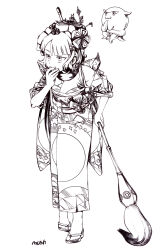 Rule 34 | 1girl, :/, absurdres, asymmetrical bangs, blunt bangs, calligraphy brush, commentary, creature, english commentary, fate/grand order, fate (series), floating, flower, full body, furisode, greyscale, hair flower, hair ornament, hairpin, highres, holding calligraphy brush, holding paintbrush, japanese clothes, kanzashi, katsushika hokusai (fate), kimono, leaning forward, looking to the side, monochrome, mushroom (osh320), neck warmer, obi, obijime, octopus, oversized object, print kimono, sandals, sash, short hair, simple background, sleeves pushed up, solo, standing, tabi, tasuki, wavy hair, zouri