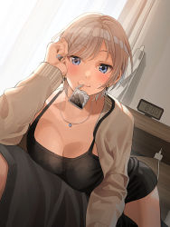 Rule 34 | 1boy, 1girl, :3, bedroom, black shirt, black shorts, blue eyes, blush, breasts, camisole, cardigan, cleavage, clock, condom, condom in mouth, condom wrapper, curtains, earrings, highres, indoors, jewelry, looking at viewer, medium breasts, mouth hold, necklace, original, platinum blonde hair, shirt, short hair, short shorts, shorts, smile, sweat, sweatdrop, tipii