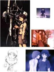 Rule 34 | 1990s (style), 1girl, abe yoshitoshi, absurdres, artbook, bed, brown eyes, brown hair, dual persona, dusk, from above, highres, iwakura lain, machine, monochrome, nude, official art, partially colored, scan, serial experiments lain, short hair, sitting, sketch, skirt, tears, traditional media, tree, vending machine
