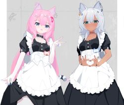 1girl animal_ear_fluff animal_ears apron blue_eyes breasts choker collar collarbone dress frilled_apron frilled_dress frills green_eyes grey_hair highres long_hair looking_at_viewer maid maid_apron original pink_hair sarla small_breasts very_long_hair