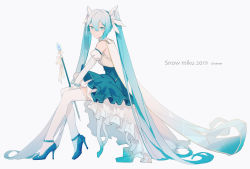 Rule 34 | 1girl, 2019, absurdly long hair, artist name, cape, character name, detached sleeves, dress, from side, full body, hair between eyes, hatsune miku, high heels, lirseven, long hair, no headwear, pumps, scepter, shoes, simple background, sitting, skirt, solo, stiletto heels, thighhighs, twintails, very long hair, vocaloid, white background, yuki miku