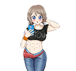 Rule 34 | 10s, 1futa, abs, absurdres, arm behind head, blue eyes, blue pants, blush, breasts, bulge, character name, crop top, danzfloor, english text, facial tattoo, flaccid, futanari, grey hair, heart, heart tattoo, highres, holding, holding phone, large breasts, love live!, love live! sunshine!!, midriff, muscular, navel, no nose, pants, parted lips, phone, short hair, short twintails, simple background, solo, standing, sweat, tank top, tattoo, twintails, underwear, watanabe you, white background