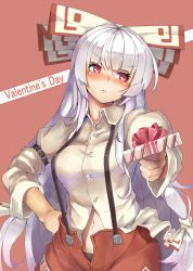 Rule 34 | 1girl, averting eyes, blush, bow, box, breasts, english text, female focus, frown, fujiwara no mokou, gift, gift box, ginko (nico), giving, hair bow, hand on own hip, incoming gift, long hair, navel, panties, red eyes, silver hair, simple background, solo, suspenders, text focus, touhou, underwear, valentine