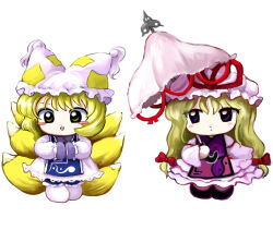 Rule 34 | 2girls, absurdres, animal ears, animal hat, blonde hair, blue tabard, blush stickers, bow, chibi, chibi only, closed mouth, dot mouth, dress, fox tail, full body, hair bow, hands in opposite sleeves, hat, hat ribbon, hat tassel, highres, holding, holding umbrella, long hair, long sleeves, looking at viewer, medium hair, mob cap, multiple girls, multiple tails, open mouth, own hands together, purple eyes, purple tabard, red bow, red ribbon, ribbon, simple background, smile, socks, standing, tabard, tail, touhou, umbrella, white background, white dress, white socks, yakumo ran, yakumo yukari, yakumora n, yellow eyes, zun (style)