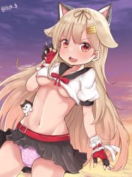 Rule 34 | 1girl, :3, :d, akino ell, animal ears, arm at side, azur lane, belt, black ribbon, black skirt, blonde hair, blunt bangs, blush, bow, breasts, cat ears, collarbone, cosplay, cowboy shot, crop top, crop top overhang, dog, fingerless gloves, gloves, gradient sky, hair ornament, hair ribbon, hairclip, hand up, highres, historical name connection, kantai collection, long hair, mechanical ears, medium breasts, miniskirt, multicolored nails, nail polish, name connection, navel, open mouth, outdoors, panties, pantyshot, pink panties, pleated skirt, polka dot, polka dot panties, puffy short sleeves, puffy sleeves, red bow, red eyes, red gloves, ribbon, round teeth, short sleeves, skirt, sky, smile, solo, standing, stomach bulge, tareme, teeth, twitter username, underboob, underwear, upskirt, v-shaped eyebrows, yuudachi (azur lane), yuudachi (azur lane) (cosplay), yuudachi (kancolle)