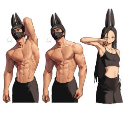 Rule 34 | 1girl, 2boys, abs, animal ears, arm behind head, arm up, biceps, black camisole, black hair, black mask, black pants, breasts, camisole, cowboy shot, highres, long hair, mask, medium breasts, midriff, mouth mask, multiple boys, muscular, muscular male, navel, original, pants, pectorals, rabbit ears, rinotuna, shadow, simple background, topless male, white background