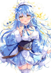 Rule 34 | 1girl, :d, ahoge, bare shoulders, beret, blue bow, blue flower, blue hair, blue jacket, blue skirt, blush, bow, braid, breasts, brown eyes, center frills, cleavage, commentary request, floral background, flower, frilled skirt, frills, fur-trimmed jacket, fur-trimmed sleeves, fur trim, hair between eyes, hair flower, hair ornament, half updo, hat, highres, hololive, jacket, large breasts, long hair, long sleeves, looking at viewer, off shoulder, open clothes, open jacket, open mouth, plaid, plaid bow, pleated skirt, pointy ears, print skirt, ribbon-trimmed legwear, ribbon trim, satsuki yukimi, shirt, skirt, smile, snowflake print, solo, thighhighs, very long hair, virtual youtuber, white background, white flower, white hat, white shirt, white thighhighs, wide sleeves, yukihana lamy