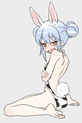 Rule 34 | 1girl, alternate costume, animal ear fluff, animal ears, animal print, bare back, barefoot, blue hair, breasts, cow print, double bun, embarrassed, from side, gotou (nekocat), grey hair, hair bun, hololive, looking at viewer, one-piece swimsuit, open mouth, orange eyes, rabbit ears, rabbit girl, rabbit tail, simple background, sitting, small breasts, solo, swimsuit, tail, usada pekora, virtual youtuber, wariza