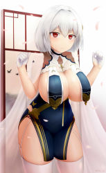 Rule 34 | 1girl, azur lane, blake yee, blush, braid, breast curtains, breasts, china dress, chinese clothes, cleavage, closed mouth, dress, flower, garter straps, gloves, hair between eyes, hair flower, hair ornament, half gloves, highres, large breasts, neckwear between breasts, pelvic curtain, red eyes, revealing clothes, see-through, see-through sleeves, short hair, side braid, sirius (azur lane), sirius (azure horizons) (azur lane), solo, thighhighs, thighs, white gloves, white hair, white thighhighs