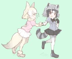 Rule 34 | 10s, 2girls, animal ears, bad id, bad pixiv id, bow, bowtie, check translation, common raccoon (kemono friends), fang, fennec (kemono friends), fox ears, fox tail, fur trim, gloves, holding hands, kemono friends, multicolored hair, multiple girls, open mouth, pantyhose, pleated skirt, puffy short sleeves, puffy sleeves, raccoon ears, raccoon tail, short hair, short sleeves, skirt, tail, teranekosu, thighhighs, translation request
