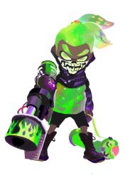 Rule 34 | 1boy, bandana, bandana over mouth, bike shorts, boots, dark-skinned male, dark skin, full body, green eyes, green hair, green vest, high ponytail, highres, holding, holding weapon, ink, ink tank (splatoon), inkling player character, jacket, looking at viewer, male focus, mask, matching hair/eyes, md5 mismatch, monster boy, nintendo, official art, resized, shoes, simple background, solo, standing, tentacle hair, vest, weapon, white background