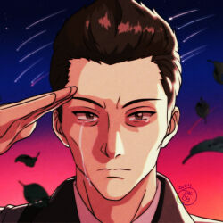 1boy artist_name brown_eyes brown_hair closed_mouth collared_shirt commentary crying crying_with_eyes_open dkcyarts english_commentary falling_star goddess_of_victory:_nikke leaf looking_at_viewer male_focus night night_sky oswald_(nikke) outdoors portrait salute shirt short_hair sky solo tears