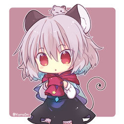 Rule 34 | 1girl, animal, animal ear fluff, animal ears, animal on head, biyon, black dress, bloomers, capelet, chibi, commentary request, cowboy shot, dress, grey hair, jewelry, long sleeves, lowres, mouse (animal), mouse ears, mouse on head, mouse tail, nazrin, on head, pendant, red eyes, red scarf, scarf, shirt, short hair, simple background, solo, star (symbol), tail, touhou, twitter username, underwear, white shirt