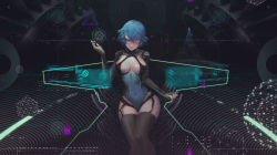 Rule 34 | 1girl, bad id, bad pixiv id, belt, black background, black lips, black panties, black thighhighs, blue eyes, blue hair, breasts, circle, closed mouth, concentric circles, covered navel, fingerless gloves, floating screen, garter straps, gloves, highres, holographic touchscreen, jn3, large breasts, leotard, light smile, lipstick, long sleeves, looking at viewer, makeup, matching hair/eyes, one eye closed, original, panties, short hair, solo, thigh gap, thighhighs, triangle, underwear
