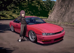 Rule 34 | 1girl, :d, absurdres, black sweater, bokuya, brown hair, car, closed mouth, commentary request, eyebrows hidden by hair, grey eyes, hair behind ear, highres, medium hair, motor vehicle, nissan, nissan s14 silvia, nissan silvia, open mouth, original, pants, revision, shoes, smile, sneakers, solo, sports car, sweater, sweatpants, vehicle focus