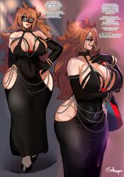 Rule 34 | 1girl, android 21, arm under breasts, blue eyes, bracelet, breasts, cleavage, curvy, dragon ball, dragon ball fighterz, dress, earrings, elbow gloves, emboquo, english text, eyeshadow, female focus, full body, glasses, gloves, hand on own hip, heart, heart-shaped pupils, highres, hip vent, huge breasts, jewelry, lipstick, long hair, looking at viewer, makeup, modakawa dress, solo, symbol-shaped pupils, text focus, wide hips